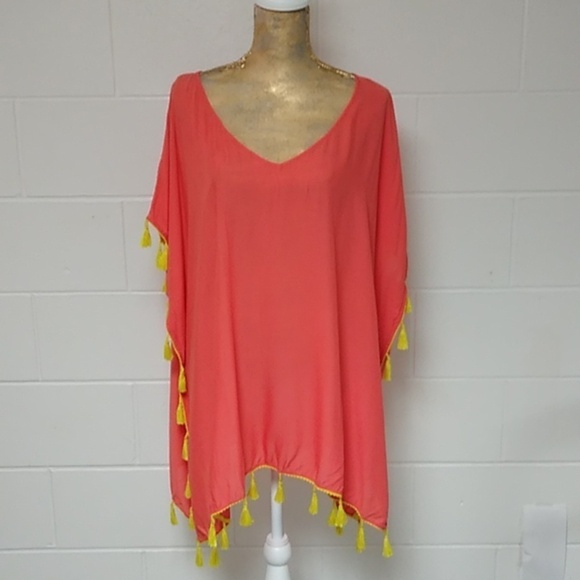 C&T BEACH CORAL WITH YELLOW TASSELS BEACH COVER UP KAFTAN SUMMER WEAR - Picture 1 of 5
